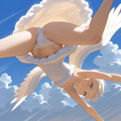 ai_generated angel angel_wings anime blonde_hair boy cap cloud crossdressing cute dress femboy flying gay ladyboy male original_character panties penis_bulge short_hair wings