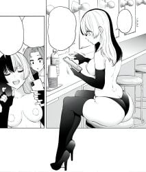 2.5_jigen_no_ririsa ass back bare_back bare_shoulders big_ass big_breasts black_and_white black_thighhighs blush breasts closed_eyes collarbone elbow_gloves fingerless_gloves gloves hashimoto_yuu high_heels indoors long_hair manga multicolored_hair nagomi_(2.5_jigen_no_ririsa) official_art open_mouth panties parted_lips pasties phone shoulder_blades sitting thighhighs thighs two-tone_hair underwear