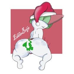 1:1 absurd_res anthro ass big_butt christmas christmas_clothing christmas_headwear clothing eddiebrije female generation_3_pokemon genitals hat headgear headwear hi_res holidays mistletoe nintendo not_furry nude plant pokemon pokemon_(species) pussy ralts santa_hat simple_background smile solo solo_focus wide_hips