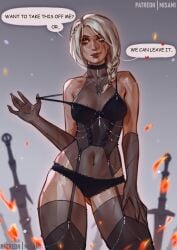 bra braid cd_projekt_red ciri english_text female freckles garter_belt garter_straps light-skinned_female lingerie looking_at_viewer mascara misami navel_piercing panties scar seductive solo stockings sword text the_witcher_(series) the_witcher_4 white_hair witcher_medallion yellow_eyes