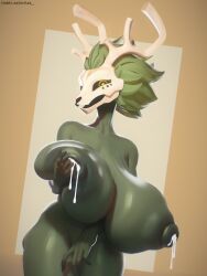 2025 3:4 3d_(artwork) absurd_res anthro antlers areola big_areola big_breasts big_hair big_nipples black_sclera blender_(artwork) bodily_fluids bone breast_grab breast_rest breasts conditional_dnp deer digital_media_(artwork) female female/female green_body green_hair hair hand_on_breast hi_res horn huge_breasts hyper hyper_breasts lactating looking_at_viewer mammal nipples nude orilas sagging_breasts simple_background skull skull_head smile solo thick_thighs welwraith wicker_(welwraith)