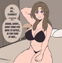 bedroom breasts brown_hair cleavage clothed do_you_love_your_mom_and_her_two-hit_multi-target_attacks? english_text flirting_with_viewer highres huge_breasts looking_at_viewer love_handles milf ocerius on_bed oosuki_mamako purple_eyes sitting sitting_on_bed speech_bubble talking_to_viewer text thick_thighs tsuujou_kougeki_ga_zentai_kougeki_de_ni-kai_kougeki_no_okaasan_wa_suki_desu_ka? variant_set