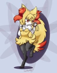 anthro blush braixen breasts coffeefly collar female fur furry furry_only leash nintendo pokémon_(species) pokemon pokemon_(species) pussy red_eyes solo standing tail video_games yellow_fur