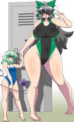 1futa 1girls akasode_(tyaramu) big_breasts big_female competition_school_swimsuit competition_swimsuit female female_focus female_only futa_on_female futa_with_female futanari green_hair huge_ass huge_breasts koishi_komeiji light-skinned_female light-skinned_futanari light_skin mature_female milf smaller_futanari taller_female taller_girl third_eye touhou utsuho_reiuji younger_futanari