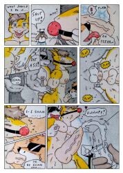 absurd_res anal anal_sex animal_genitalia animal_penis anthro areola ass ball_gag balls bandits bara biceps big_muscles big_pecs blue_eyes blush blush_lines bodily_fluids bondage bondage_gear bound brown_hair butt_slap canid canine canis closed_eyes clothing colored_pencil_(artwork) comic comic_panel cum cum_collecting cumshot dashthefox dialogue ejaculation english_text equipment erection eyewear facial_scar fellatio fox fur gag gagged genital_fluids genitals grey_body grey_fur group group_sex hair hat headgear headwear heart_symbol hi_res knot knot_lick licking looking_at_viewer low-angle_view male male/male male_penetrated male_penetrating male_penetrating_male mammal multicolored_body multicolored_fur muscles muscular muscular_anthro muscular_male nipple_fetish nipple_play nipples nude onomatopoeia open_mouth oral orange_body orange_fur orgasm pecs penetration penile penis penis_lick pink_nipples plap restraints rope scar sergal sex shirt slap smile sound_effects spanking speech_bubble sunglasses sweat sweatdrop tail taking_picture text thick_penis thought_bubble threesome tongue topwear traditional_media_(artwork) trio vein veiny_knot warehouse wolf yaoi yellow_body yellow_fur