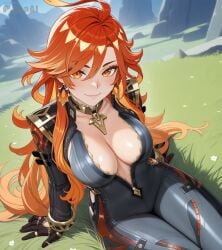 1girls ai_generated big_breasts bikesuit cleavage curvy from_above genshin_impact grass highres hoyoverse large_breasts looking_at_viewer mavuika_(genshin_impact) mihoyo outdoors seacreator sitting smile solo thighs wide_hips