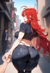 1boy 1girls 2boys ahoge ai_generated alley alleyway ass back bangs black_pants black_shirt blush breasts building city closed_mouth clothing crop_top curvaceous curvaceous_female curvaceous_figure curvy curvy_figure day denim female female female_focus from_behind g-string green_eyes hair_between_eyes high_school_dxd highleg holding_hands huge_ass huge_breasts inviting inviting_to_sex jeans large_ass large_breasts long_hair looking_at_viewer looking_back male midriff miyuai multiple_boys outdoors outside pants pov_hands presenting presenting_ass presenting_hindquarters presenting_self public red_hair rias_gremory road seductive seductive_look seductive_smile shiny_hair shirt short_sleeves sky solo_focus standing straight street thick_thighs thighs thong tight underwear voluptuous voluptuous_female