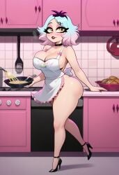 ai_generated ass breasts cleavage emberlynn_pinkle food gondor952 helluva_boss high_heels huge_ass kitchen makeup nude_apron