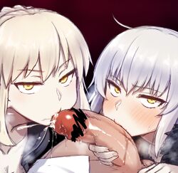 2girls ahoge artoria_pendragon_(alter) blonde_hair blush censored collaborative_fellatio cum fate/grand_order fate_(series) fellatio ffm_threesome glaring jeanne_alter kou_(garakuta_teikoku) looking_at_viewer multiple_fellatio multiple_girls oral penis penis_kiss projectile_cum saliva short_hair silver_hair straight teamwork threesome yellow_eyes