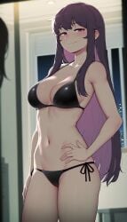 3koma abs ai_generated bikini blush breasts collarbone comic female fern_(sousou_no_frieren) indoors long_hair looking_at_viewer meitabuu navel purple_hair red_eyes smile solo_focus sousou_no_frieren standing thighs uncensored