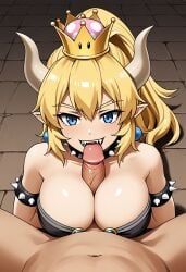 1boy 1girls ai_generated black_dress blonde_female blonde_hair blue_eyes bowsette breasts civitai crown female horns mario_(series) nintendo oral paizuri penis pointy_ears pointy_teeth spiked_bracelet spiked_collar tagme