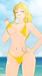 1girls 3d alternate_hairstyle beach big_breasts bikini bikini_lift bikini_top_lift breasts busty cleavage closed_eyes confident female female_only grin hand_on_hip hi_res large_breasts lifted_by_self long_hair navel ocean ponytail pose posing rwby solo teasing thong_bikini voluptuous water yang_xiao_long yellow_bikini