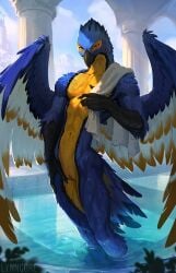 andromorph anthro athletic avian bath bathhouse beak bird blue_body blue_feathers detailed_background feathers genitals intersex looking_at_viewer lynncore male nude pussy solo standing towel water wings