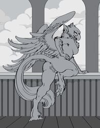 2017 acidapluvia anthro armpits ass avian beak claws cloud feathered_wings feathers female fur gryphon hand_on_hip looking_at_viewer looking_back monochrome nude open_mouth pussy raised_leg raised_tail scales solo tail_tuft toe_claws tuft wings