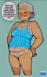 ai_assisted ai_generated bottomless excessive_pubic_hair gilf grey_hair grey_pubic_hair oc old older_female partially_clothed plain_background red_eyes sarina64 smug_face tank_top text text_bubble