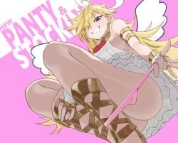 1girls angel angel_wings blonde_hair blue_eyes gangjeong_2 grinning halo light-skinned_female light_skin looking_down_at_viewer panties panty_&_stocking_with_garterbelt panty_anarchy removing_panties sandals squatting