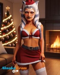 ahsoka_gram ahsoka_tano ai_generated christmas christmas_clothing christmas_outfit christmas_tree midriff_showing sexy_clothing smug smug_face star_wars star_wars:_the_clone_wars