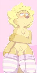 anthro blush bulge clothing cute_fangs embarrassed erection erection_under_clothes front_view hi_res holding_arm legwear looking_up male male_only mammal mostly_nude mustelid navel otter otto0ttsy otto_the_ott penis penis_base penis_outline penis_through_leghole poking_out simple_background solo standing