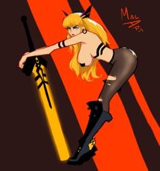 2d blonde_hair boots hanging_breasts leaning leaning_back looking_at_viewer magik_(illyana_rasputin) magik_(marvel_rivals) malart marvel marvel_comics marvel_rivals side_view stockings sword torn_pantyhose