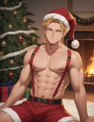 1boy ai_generated belt boku_no_hero_academia bsky_link christmas christmas_clothing christmas_decorations christmas_hat christmas_outfit christmas_present christmas_tree dvxxxgrai fireplace hawks_(my_hero_academia) keigo_takami male male_only my_hero_academia pixai pony_diffusion_xl red_shorts santa_hat seated shorts solo solo_male suspenders tagme takami_keigo toned toned_body toned_male topless topless_male twitter_link yellow_eyes yellow_hair