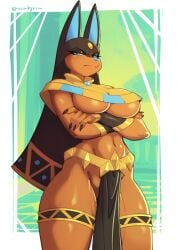 1girls 2024 angry_face anthro anubis_(pal) arms_under_breasts big_breasts blue_eyes blue_inner_ear blue_nose bottomwear breasts brown_body clothing crossed_arms eyebrows eyelashes female female_only glistening glistening_body glistening_breasts glistening_thighs loincloth looking_at_viewer narrowed_eyes navel pal_(species) palworld pocketpair sem-l-grim solo thick_thighs thighlet under_boob very_high_resolution