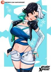 2d black_and_white_hair darkxenssei female fully_clothed idol leather_jacket luna_snow luna_snow_(marvel_rivals) marvel marvel_comics marvel_rivals short_hair thighs