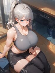 1futa absurd_res ai_generated amiiari big_breasts big_penis blue_eyes bulge bulge_through_clothing detailed dickgirl embarrassed erect erection erection_under_clothes futa_only futanari gym gym_clothes highres holding_penis huge_ass huge_breasts long_penis massive_penis midriff pants_down penis penis_to_the_knees ponytail precum silver_hair skindentation sweatpants tank_top tenting thick_thighs underwear