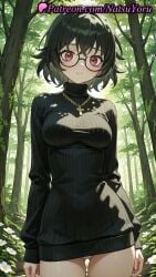 1girls ai_generated anime anime_style arms_at_sides ass_visible_through_thighs bangs black-framed_eyewear black_hair black_sweater black_thighhighs blush breasts bust busty closed_mouth cowboy_shot cross cross_necklace day dress female female_focus female_only flower forest glasses gold_chain gold_necklace hentai hunter_x_hunter inverted_cross jewelry large_breasts long_sleeves looking_at_viewer medium_breasts megane natsuyoru nature necklace no_pants outdoors panties pantsu pantyhose pantyshot plant red_eyes ribbed_sweater round_eyewear shizuku_murasaki short_hair solo solo_female standing sunlight sweater sweater_dress thigh_gap thighhighs thighs tree turtleneck turtleneck_dress turtleneck_sweater underwear voluptuous voluptuous_female white_flower white_panties white_thighhighs