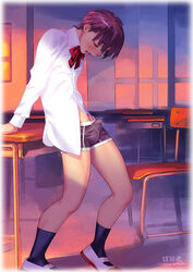 1boy brown_hair bulge classroom closed_eyes desk erection full_body male_only master_maichin school school_uniform solo student tagme teeth underwear undressing young