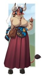 1girls big_breasts bovine braid breasts clothed cow_ears cow_horns cow_tail cute dress earrings female fully_clothed furry hooves huge_breasts minotaur minotaur_female non-human nose_ring rizdraws skirt smile smiling solo solo_female stockings sweater tagme tail thick_thighs wide_hips