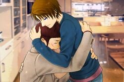 2boys age_difference ai_ni_arazu blue_clothing blue_eyes brown_hair chair closed_eyes clothed crying dining_room dining_table eyelashes frown game_cg grey_jacket half-closed_eyes hand_on_back hand_on_head haruka_shinomiya hi_res hugging indoors kitchen male male_only mature_male medium_hair open_mouth realistic_background red_hair sad scar scar_on_face scar_under_eye shelf short_hair standing takashi_akano_(fukusa) tears tetsuji_akanegakubo