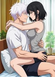 1boy 1girl 2026 ai_art ai_generated girl_on_top hand_on_hip jujutsu_kaisen masculine_male oc original_character petite_female satoru_gojo sitting_on_lap touching_ass