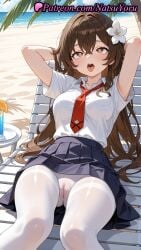 1girls ahe_gao ai_generated anime anime_style arms_behind_head arms_up asian bangs beach beach_chair black_skirt blouse blue_skirt blush breast_pocket breasts brown_eyes brown_hair bust busty cameltoe chair clothing collared_shirt crossed_bangs cup day drink drinking_glass drinking_straw feet_out_of_frame female female_focus female_only flower food fruit gusset hair_between_eyes hair_flower hair_ornament heart heart-shaped_pupils large_breasts long_hair looking_at_viewer lying medium_breasts miniskirt natsuyoru necktie no_panties ocean on_back open_mouth original original_character outdoors palm_tree panties panties_under_pantyhose pantyhose pleated_skirt pocket pussy reclining red_necktie sand school_uniform shirt shirt_tucked_in short_sleeves sitting skirt solo solo_female symbol-shaped_pupils teeth thighband_pantyhose thighs tie tongue tongue_out tree tropical_drink underwear upper_teeth_only vagina very_long_hair voluptuous voluptuous_female water white_flower white_legwear white_pantyhose white_shirt