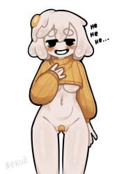 1girls 2d bandage bandage_on_pussy bandaid bandaid_on_pussy barely_clothed blush bottomless clothing cute egg_(lemyawn) egg_yolk female female_only hair nekuzx pale_skin sweater taped_pussy underboob white_hair yellow_sweater