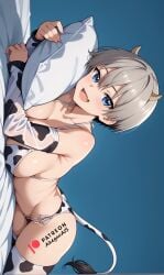 1girls 2d 4k ahegao_ai ai_generated beautiful bed big_breasts bikini_top blue_background blue_eyes commission cow_bikini cow_horns cow_pasties cow_pattern cow_print cow_tail curvy curvy_female curvy_figure female gray_hair high_resolution highres lying_on_bed open_mouth pantyhose pillow pillow_grab request simple_background smile uzaki-chan_wa_asobitai! uzaki_hana