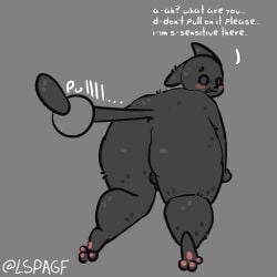 absurd_res all_fours animal_humanoid anthro backsack balls black_body black_fur blush butt cat_humanoid dialogue domestic_cat felid felid_humanoid feline feline_humanoid felis fur genitals hi_res humanoid lspagf male mammal mammal_humanoid pawpads paws shy solo tail tail_fetish tail_play tail_pull text