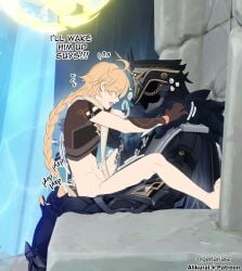 2boys aether_(genshin_impact) alikurai anal anal_penetration anal_sex blonde_hair capitano_(genshin_impact) chair_position croptop dead english english_text femboy gay gay_anal gay_sex genariasc genshin_impact hoyoverse implied_anal implied_penetration implied_sex male male/male male_only mihoyo multiple_boys pleasure_face text yaoi