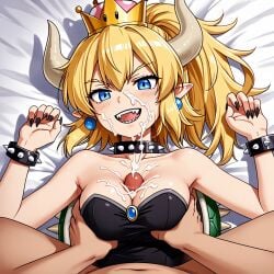 1boy 1girls ai_generated black_dress blonde_female blonde_hair blue_eyes bowsette breasts civitai crown cum cum_on_body cum_on_breasts cum_on_face cumshot female hand_on_breast lying_on_bed mario_(series) nintendo paizuri penis pointy_ears pointy_teeth shell spiked_bracelet spiked_collar spiked_shell tagme