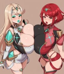 2girls ai_assisted ai_generated bimbo bimbo_body bimbo_lips bimboports(ai) blonde_hair blush cleavage earrings eyeshadow fully_clothed huge_breasts looking_at_viewer mythra mythra_(xenoblade) pressing_breasts_together pyra pyra_(xenoblade) red_hair red_lipstick skindentation tagme thick_thighs thong_above_shorts xenoblade_(series) xenoblade_chronicles_2