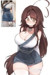 1girls blush breasts brown_hair cleavage clothed clothing female female_only indie_virtual_youtuber long_hair sky_(skyaboveme) skyaboveme solo solo_focus thighs virtual_youtuber white_background