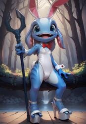 ai_generated bowtie_collar bunny_ears bunnysuit fizz_(lol) forest high_heels league_of_legends trident wrist_cuffs yordle