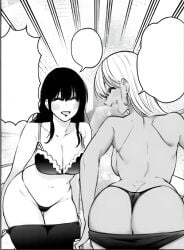 2.5_jigen_no_ririsa abe_marina ass ass_focus back backboob bare_arms bare_back bare_belly bare_shoulders belly_button big_ass big_breasts black_and_white blush bra breasts cleavage closed_eyes collarbone dark-skinned_female earrings gyaru hashimoto_yuu huge_breasts kisaki_aria long_hair manga official_art open_mouth shoulder_blades skirt_down smile thick_thighs thighhighs thong toned_female topless underwear