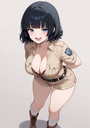 :d ai_generated black_hair blue_eyes blunt_bangs bob_cut cleavage female hime_cut khaki_shorts lace_bra milf open_mouth open_shirt original safari_jacket short_shorts tagme wavy_hair