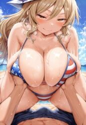 1boy 1girls ai_generated american_flag_bikini artstyle_imitation beach blonde_hair blush breast_focus breast_grab bulge civitai cowgirl_position erection_under_clothes from_below hat huge_breasts leaning_forward long_hair looking_at_viewer naughty_face navel ohhai223 pov self_upload sky straddling sweat touhou watatsuki_no_toyohime yellow_eyes