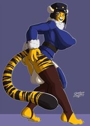 1futa 2017 anthro balls baojun big_breasts breasts claws clothed clothing coat cock_sock dickgirl feline futanari hand_on_ass hat hi_res intersex lecepev legwear looking_at_viewer mammal nipple_bulge orange_eyes penis pink_nose simple_background smile solo stripes tiger toe_claws yellow_sclera