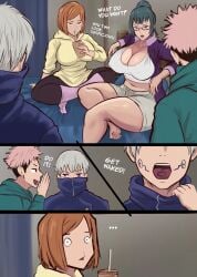 2025 2boys 2girls arachnart before_sex big_breasts breasts brown_hair busty busty_female cleavage comic female female_focus fully_clothed green_hair hoodie imminent_sex indoors itadori_yuuji jujutsu_kaisen kugisaki_nobara light-skinned_female light-skinned_male light_skin looking_at_another male pink_hair text thick_thighs toge_inumaki white_hair wide_hips zenin_maki