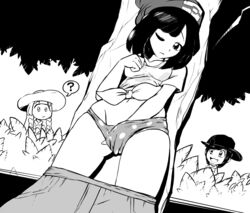 1boy 2girls ? behind_tree blush breasts bush elio_(pokemon) fingering highres human human_only lillie_(pokemon) masturbation monochrome multiple_girls navel nintendo panties pokemon pokemon_adventures pokemon_sm selene_(pokemon) shorts shorts_down source_deleted sun_(pokemon) thought_bubble underwear watching