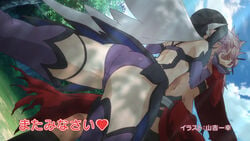 2girls arm_grab artist_name ass black_hair cape chloe_von_einzbern detached_sleeves draining_kiss end_card fate/kaleid_liner_prisma_illya fate_(series) female female_only highres japanese_text kissing leotard long_hair magical_girl midriff miyu_edelfelt multiple_girls navel screencap short_hair short_shorts shorts text thighhighs translation_request waist_cape white_hair yamayoshi_kazuyuki yuri