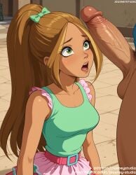 1boy ai_generated bangs bare_shoulders belt blonde_hair blush bow brandon_(winx_club) breasts brown_hair clothed_female clothed_female_nude_male clothing dark-skinned_female dark-skinned_male dark_skin erection female flora_(winx_club) frills green_bow green_eyes green_shirt hair_ornament hairbow hispanic huge_cock indoors interracial jousneystudio large_breasts large_penis latina long_hair looking_at_viewer male male_pubic_hair medium_breasts nude_male open_mouth outdoors partial_male penis penis_awe pink_skirt ponytail pubic_hair rainbow_(animation_studio) shirt skirt sleeveless solo_focus straight sweat teeth testicles tied_hair veins veiny_penis winx_club