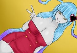 1girls :q big_breasts blue_hair dress grey_skin huge_breasts large_breasts library_of_ruina lobotomy_corporation long_hair pearl_necklace project_moon queen_of_hatred red_dress short_dress simple_background thick_thighs tight_clothing trekapper voluptuous voluptuous_female yellow_eyes